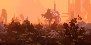 Fütürist konsept sanat. Yabancı gezegen. Bilim kurgu teması. Renkli sanatsal manzara. 2d illüstrasyon.