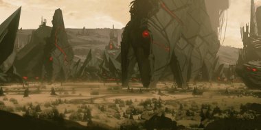 Fütürist konsept sanat. Yabancı gezegen. Bilim kurgu teması. Renkli sanatsal manzara. 2d illüstrasyon.