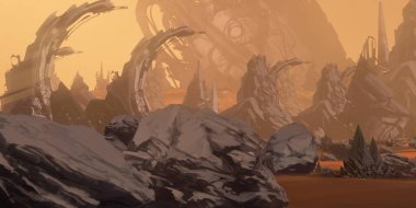 Fütürist konsept sanat. Yabancı gezegen. Bilim kurgu teması. Renkli sanatsal manzara. 2d illüstrasyon.