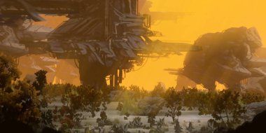 Fütürist konsept sanat. Yabancı gezegen. Bilim kurgu teması. Renkli sanatsal manzara. 2d illüstrasyon.