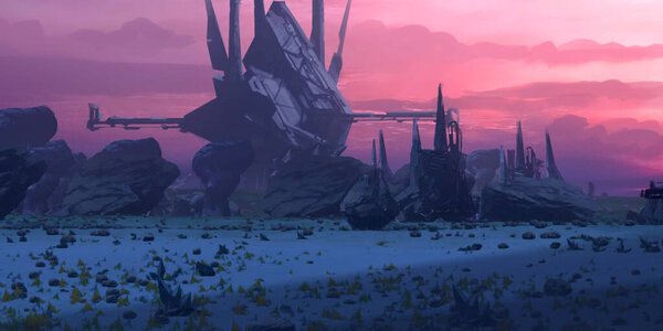 Футуристическое концептуальное искусство. Инопланетная планета. Тема научной фантастики. Красочный художественный пейзаж. 2d иллюстрация.