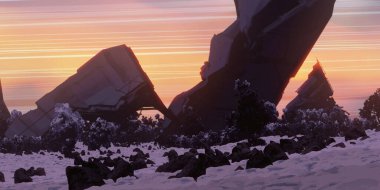 Üç boyutlu illüstrasyon. Terk edilmiş yapılar. Renkli sanatsal manzara. Güzel uzaylı dünyası. Muhteşem bir manzara. Dijital boyalı konsept sanat. Soğuk kış.