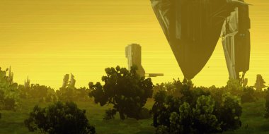 Üç boyutlu illüstrasyon. Antik makine kalıntıları. Fütürist konsept sanat. Sanatsal hayali manzara.