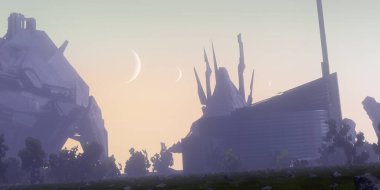 Dijital boyalı konsept sanat, terk edilmiş yapıları olan bir fantezi uzaylı manzarasının 3 boyutlu fütüristik çizimi.