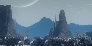 Dijital boyalı konsept sanat, terk edilmiş yapıları olan bir fantezi uzaylı manzarasının 3 boyutlu fütüristik çizimi.