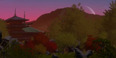 Sonbahar mevsiminde Çin tapınaklarının dijital boyama sanatı