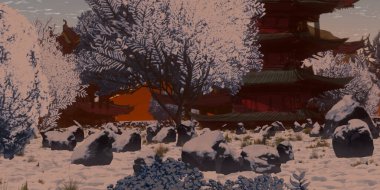 Kış mevsiminde dijital olarak boyanmış Çin tapınakları sanatı