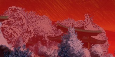 Kış mevsiminde dijital olarak boyanmış Çin tapınakları sanatı