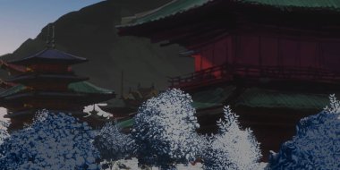 Kış mevsiminde dijital olarak boyanmış Çin tapınakları sanatı