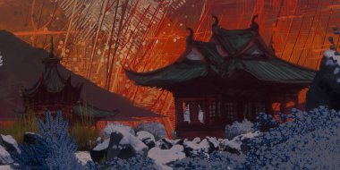 Kış mevsiminde dijital olarak boyanmış Çin tapınakları sanatı