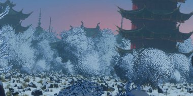 Kış mevsiminde dijital olarak boyanmış Çin tapınakları sanatı