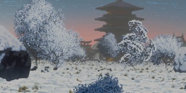 Kış mevsiminde dijital olarak boyanmış Çin tapınakları sanatı