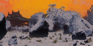 Kış mevsiminde dijital olarak boyanmış Çin tapınakları sanatı