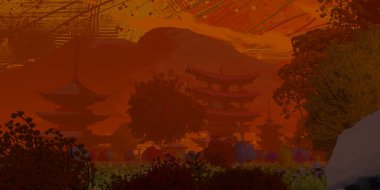 Sonbahar mevsiminde Çin tapınaklarının dijital boyama sanatı