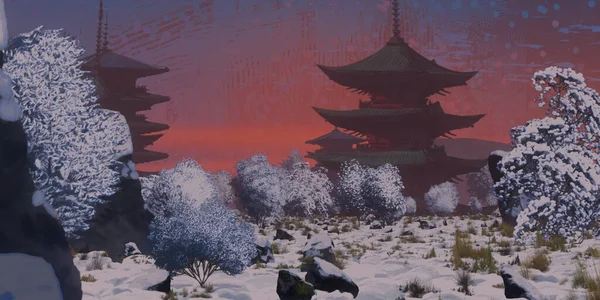 Kış Mevsiminde Dijital Olarak Boyanmış Çin Tapınakları Sanatı — Stok fotoğraf