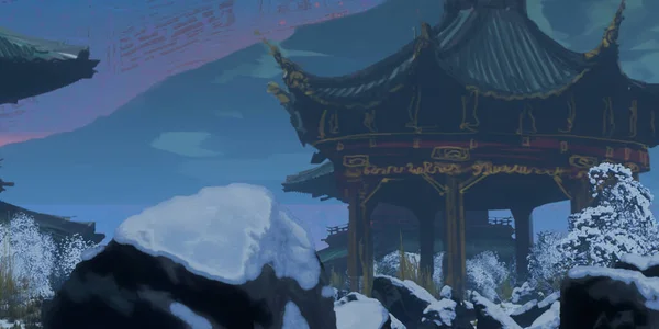 Arte Conceitual Pintada Digitalmente Templos Chineses Temporada Inverno — Fotografia de Stock