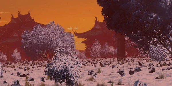 Digitálisan Festett Koncepció Művészet Kínai Templomok Téli Szezonban — Stock Fotó