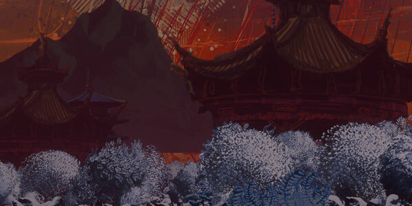 Digitally painted concept art of Chinese temples at winter season