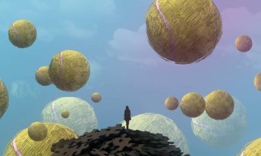 İnsan silueti ve tenis toplarıyla soyut bir arkaplan