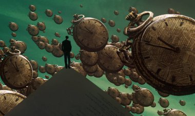 Uçan saatlerle ve insanları izleyerek soyut bir arkaplan