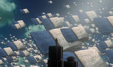 İnsan silueti ve kitaplarla soyut bir arkaplan