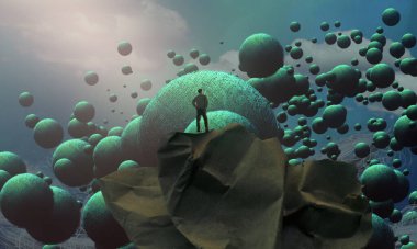 İnsan silueti ve topları olan soyut kavramsal yaratıcı bir arka plan.