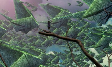 İnsan silueti ve yeşil yapraklı soyut arkaplan