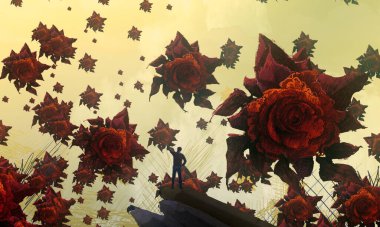 Soyut arka planda insan silueti uçan çiçekler, hayal gücü konsepti.