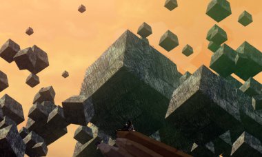 insan silueti uçan küplerle kavramsal yaratıcı arka plan