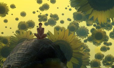 İnsan silueti soyut arkaplanda çiçekler, hayal gücü konsepti.