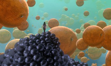 Soyut arkaplanda insan silueti, portakallar, hayal gücü konsepti.