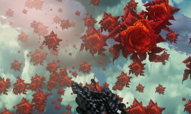 İnsan silueti ve uçan çiçeklerle soyut kavramsal yaratıcı arka plan