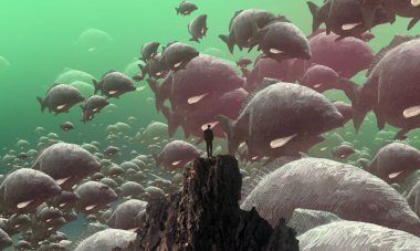 İnsan silueti ve balıkla soyut kavramsal yaratıcı bir arka plan.