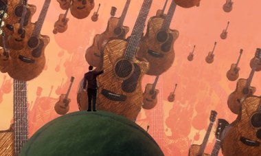 İnsan silueti ve gitarları olan soyut kavramsal yaratıcı arka plan.