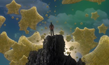 İnsan silueti ve sarı yıldızlı soyut arkaplan