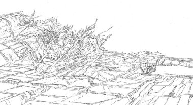 stylish hand-drawn sketch of sci-fi landscape on white background