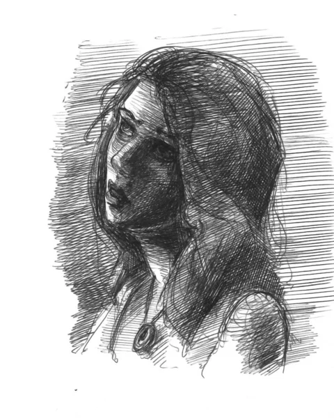 Stylish Hand Drawn Sketch Female Portrait White Background — Stok fotoğraf