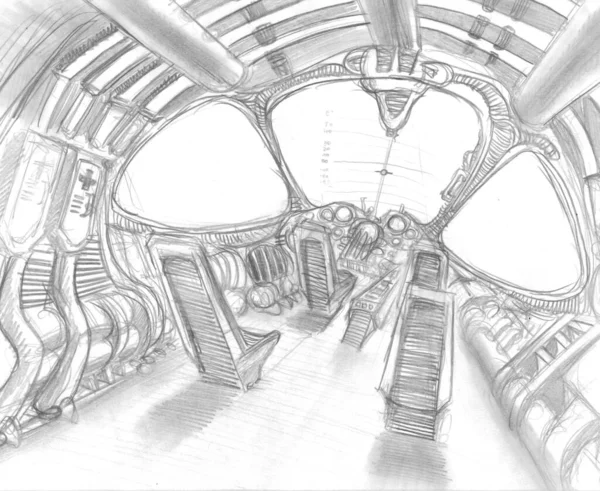 Κομψό Ζωγραφισμένο Στο Χέρι Σκίτσο Του Εσωτερικού Του Διαστημοπλοίου Λευκό — Φωτογραφία Αρχείου
