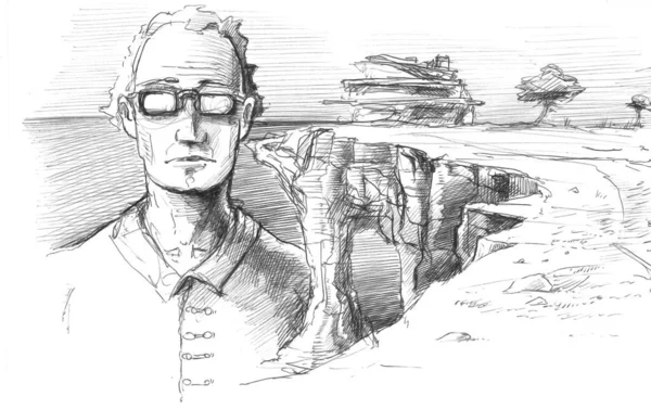 Κομψό Ζωγραφισμένο Στο Χέρι Σκίτσο Του Ανθρώπου Γυαλιά Έρημο Τοπίο — Φωτογραφία Αρχείου