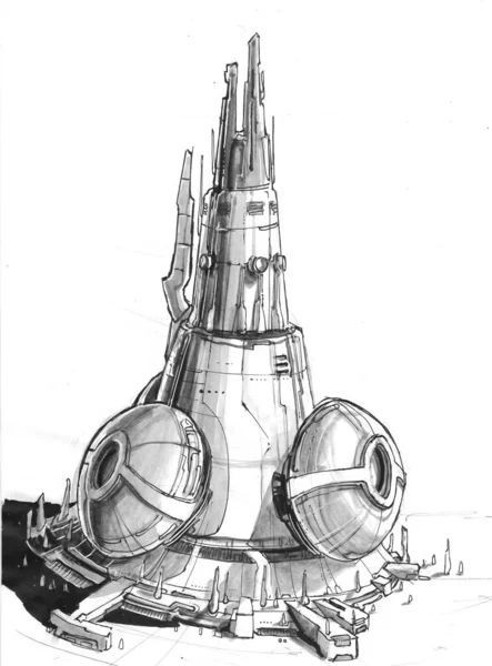 Κομψό Χειροποίητο Σκίτσο Του Ουρανοξύστη Sci Λευκό Φόντο — Φωτογραφία Αρχείου