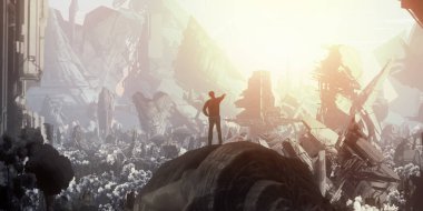 Dağların fantezi arka planında bir insanın silueti.