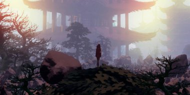 Fantezi arka planda bir kişinin silueti