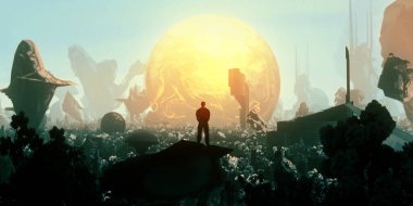 Fantezi arka planda bir kişinin silueti