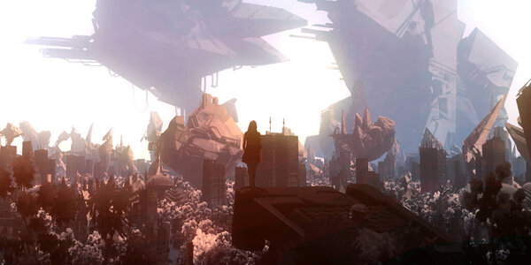 абстрактный, силуэт человека на фантастическом фоне