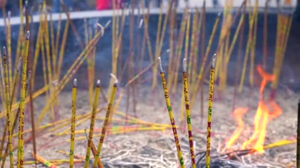Encens Brûlant Dans Brûleur Encens Temple Innombrables Bâtonnets Encens Sont — Video