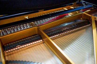 Üstteki bir kuyruklu piyanonun iç sicim yapısına yakın çekim