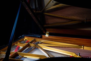 Üstteki bir kuyruklu piyanonun iç sicim yapısına yakın çekim