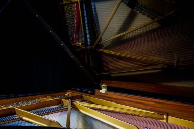 Üstteki bir kuyruklu piyanonun iç sicim yapısına yakın çekim