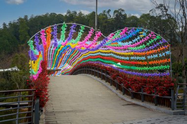 Renkli plastik oyuncak. Küçük yel değirmeni yakın plan.