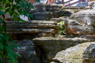 Rockery stones covered with moss in the park